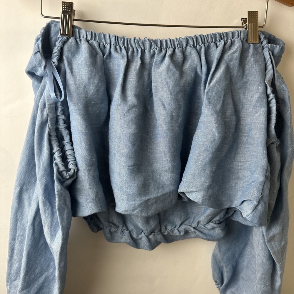 Free People Women's Blue Off Shoulder Top Ballon Sleeve‎ M Boho Linen Festival - Picture 8 of 11